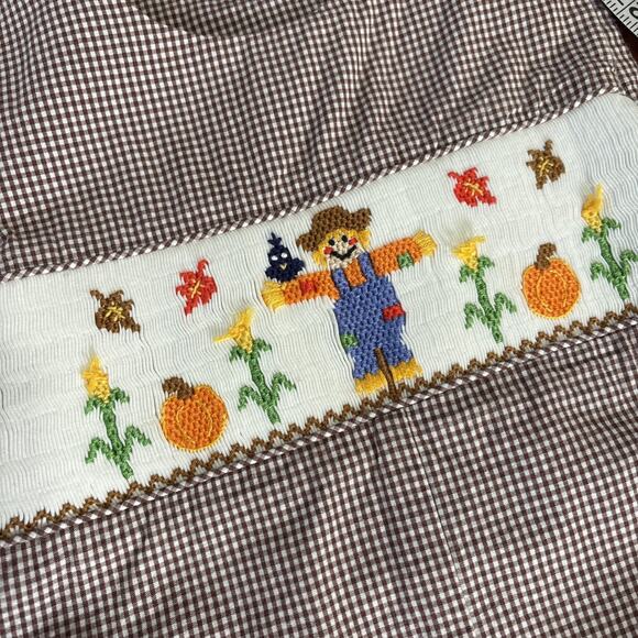 Velani Boys Smocked Embroidered Romper Size 2 Fall Scarecrow Pumpkin Gingham - Picture 8 of 9